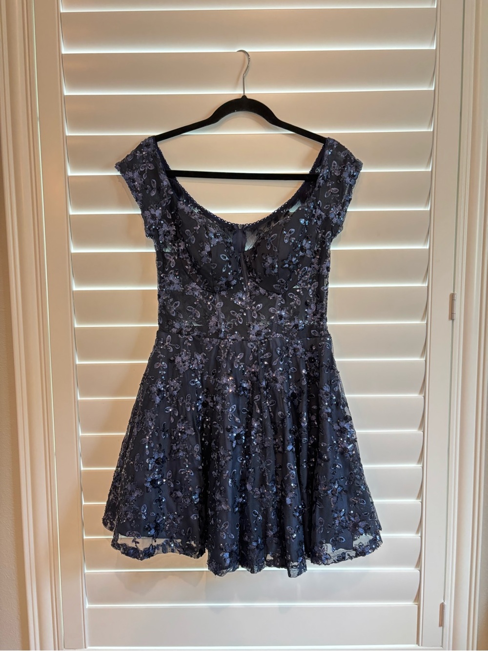 Navy Sequined Floral Fit & Flare Dress - homecoming dress